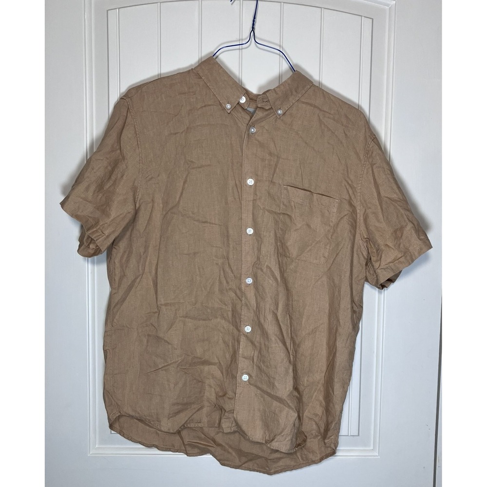 Everlane Men Large 100% Linen Classic Short Sleeve Button Down Shirt‎ Tan Brown
